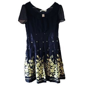 New Floral Patterned Flared Black Chiffon Dress
